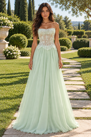 Sheer Lace op Chiffon A-Line Strapless Empire Party Prom Dress