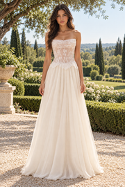 Sheer Lace op Chiffon A-Line Strapless Empire Party Prom Dress