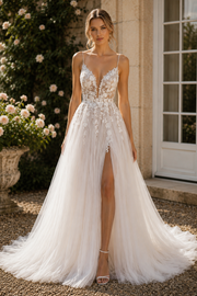 Sheer Tulle A-Line Lace Appliques Backless Beach Split Wedding Dress