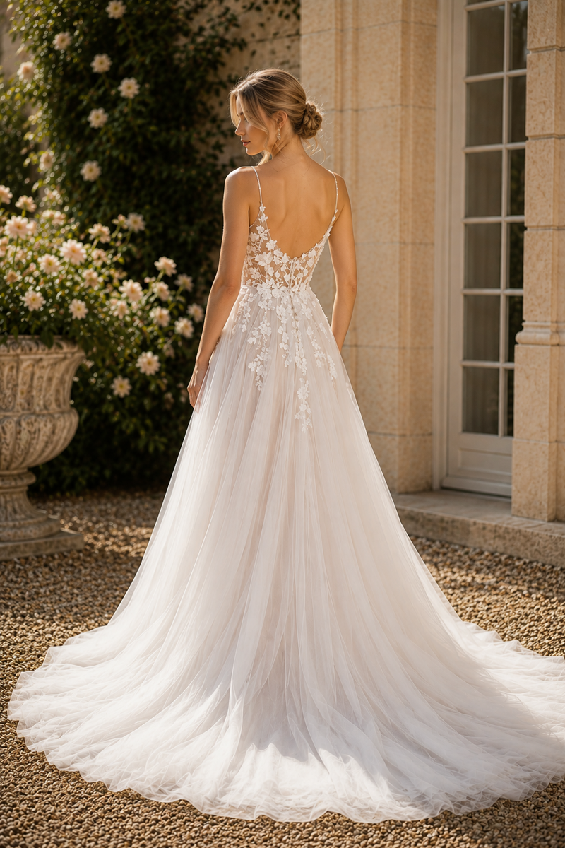 Sheer Tulle A-Line Lace Appliques Backless Beach Split Wedding Dress White / US 4