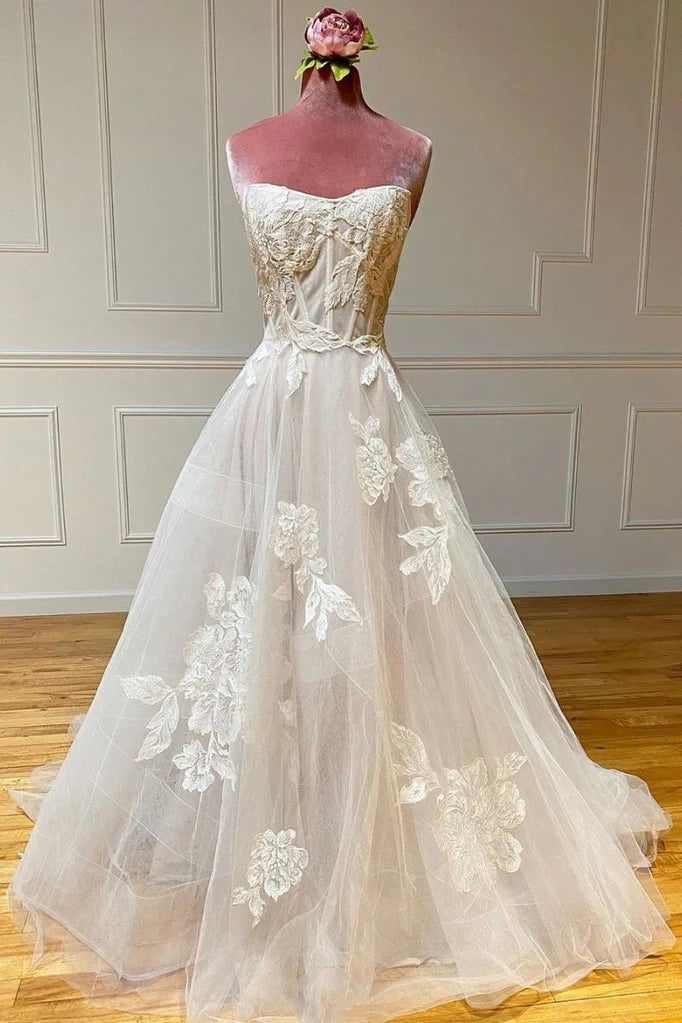 Sheer Tulle A-Line Strapless Floral Wedding Dress