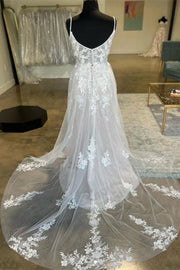 Sheer Tulle A-Line V-Neck Sleeveless With Train Appliques Wedding Dress