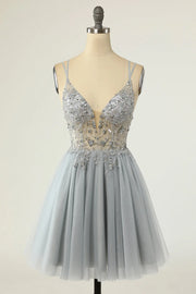 Sheer Tulle A-Line V-Neck Strapless Appliques Homecoming Dress