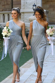 Short Satin Fitted One Shoulder Ruched Bridesmaid Dress