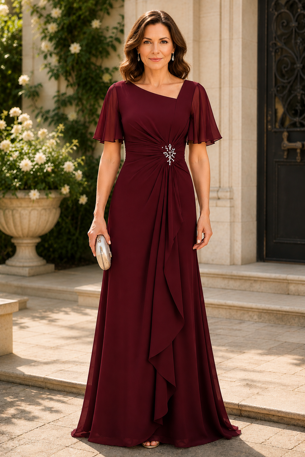 Short Sleeves Empire Chiffon A-Line Mother Of The Bride Dress