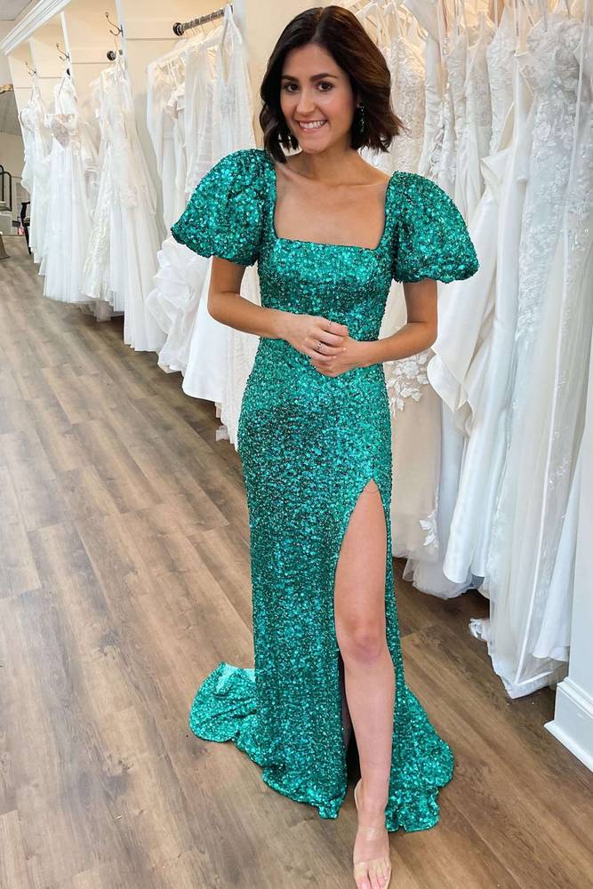 Short Sleeves Square Mermaid Sequins Prom Dress