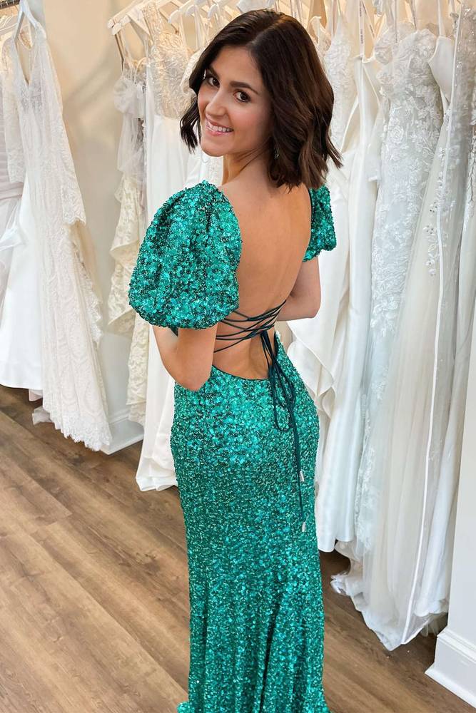 Short Sleeves Square Mermaid Sequins Prom Dress