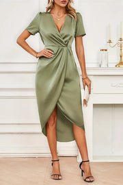 Short Sleeves V-Neck Empire Midi Cocktail Party Dress