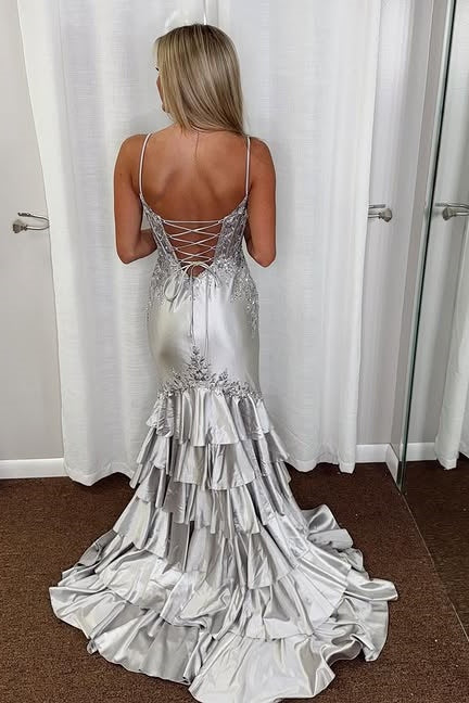 Silver Bateau Sleeveless Appliques Mermaid Party Prom Dress With Train