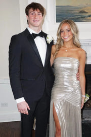 Silver Pleated Strapless Empire A-Line Floor-Length Party Prom Dress