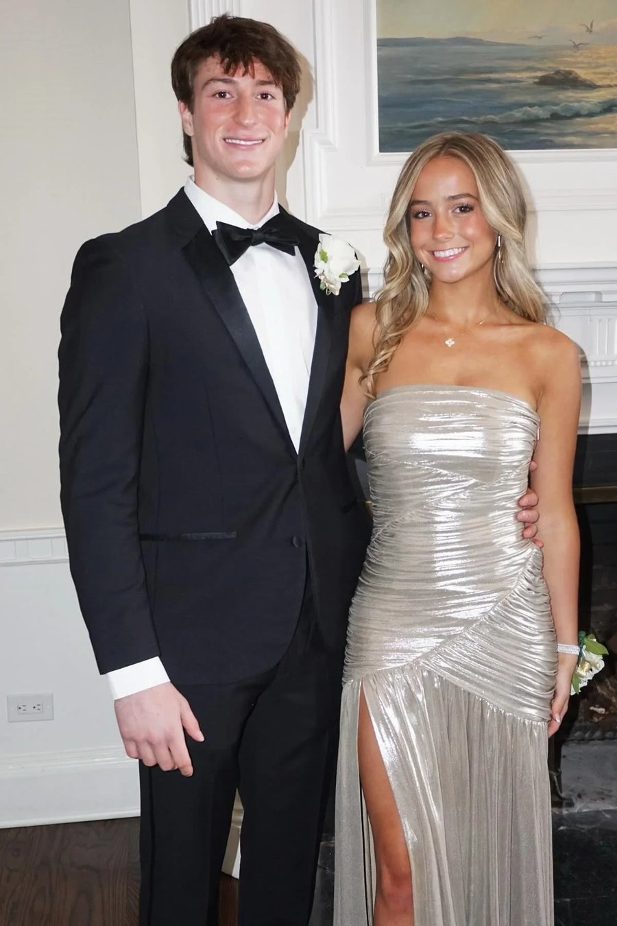 Silver Pleated Strapless Empire A-Line Floor-Length Party Prom Dress