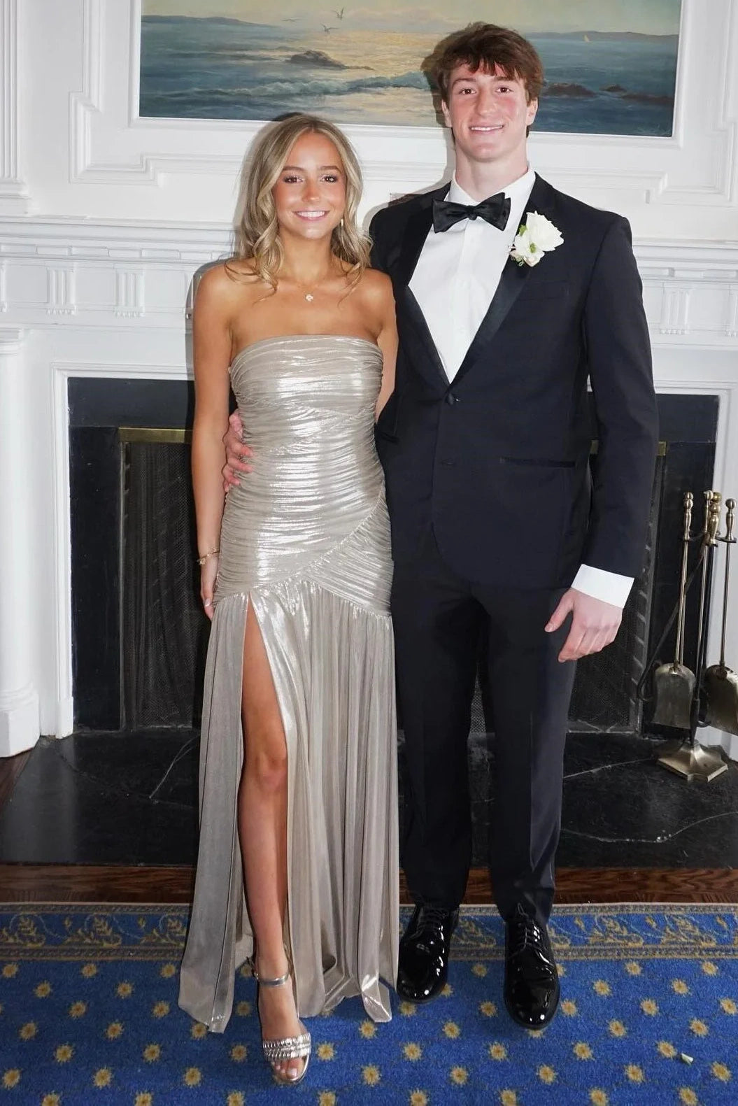 Silver Pleated Strapless Empire A-Line Floor-Length Party Prom Dress