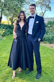 Simple Black Satin A-Line Spaghetti Straps Party Prom Dress