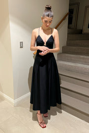 Simple Black Satin A-Line Spaghetti Straps Party Prom Dress