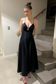 Simple Black Satin A-Line Spaghetti Straps Party Prom Dress