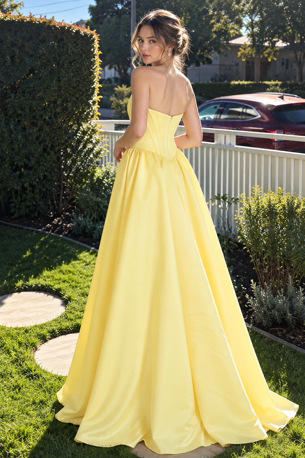 Simple Boat Strapless Corset Empire Long A-Line Satin Party Prom Dress