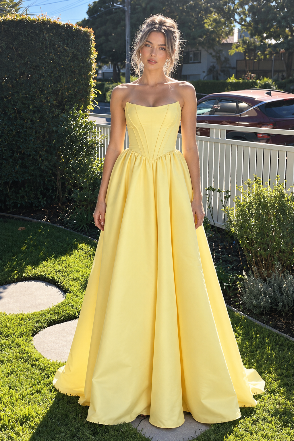 Simple Boat Strapless Corset Empire Long A-Line Satin Party Prom Dress