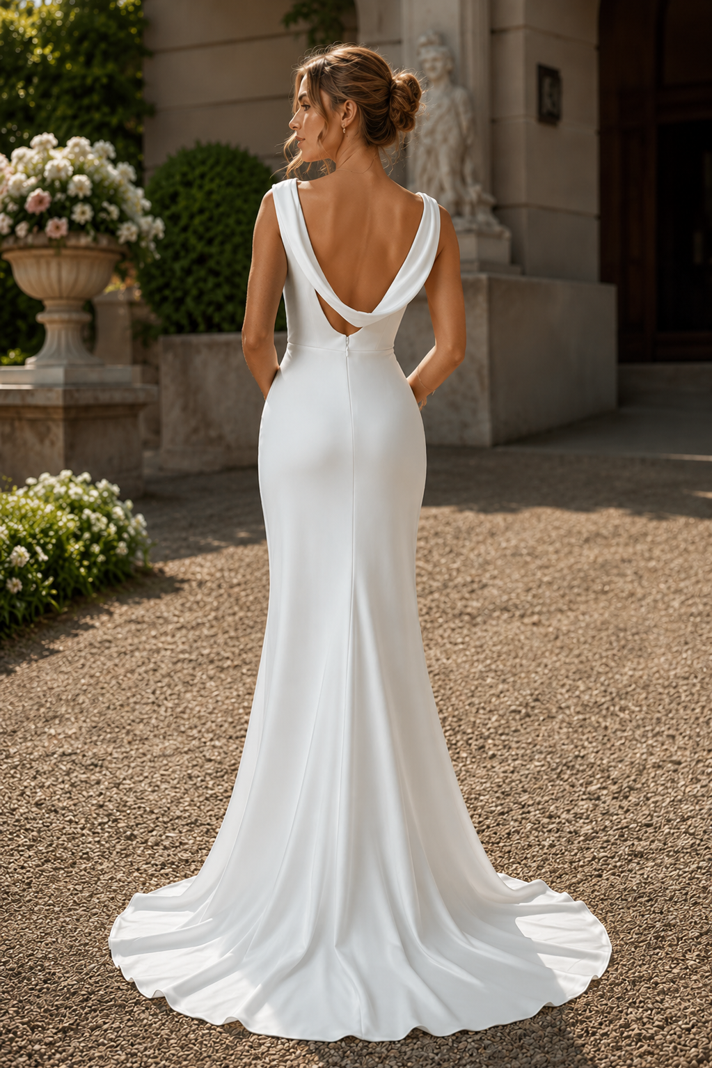 Simple Round Backless Satin Mermaid Summer Wedding Dress