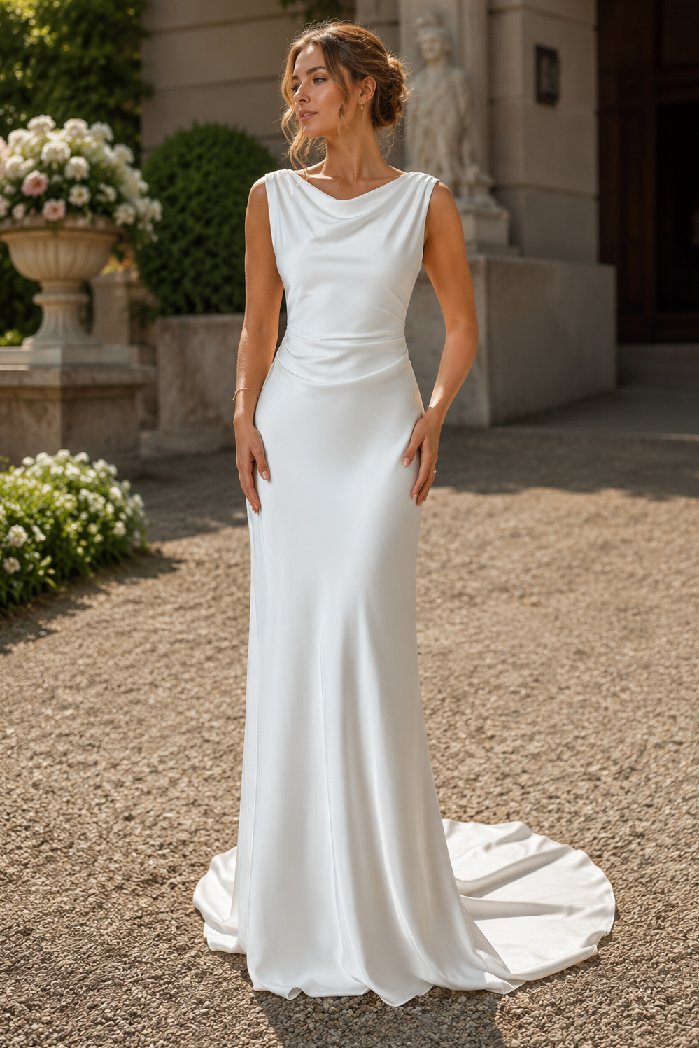 Simple Round Backless Satin Mermaid Summer Wedding Dress
