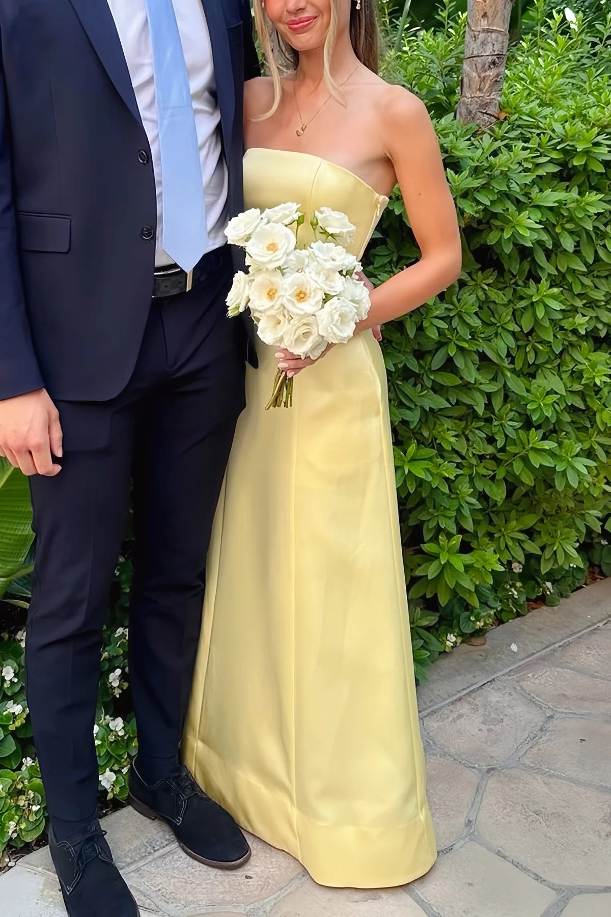 Simple Satin A-Line Empire Strapless Floor-Length Party Prom Dress