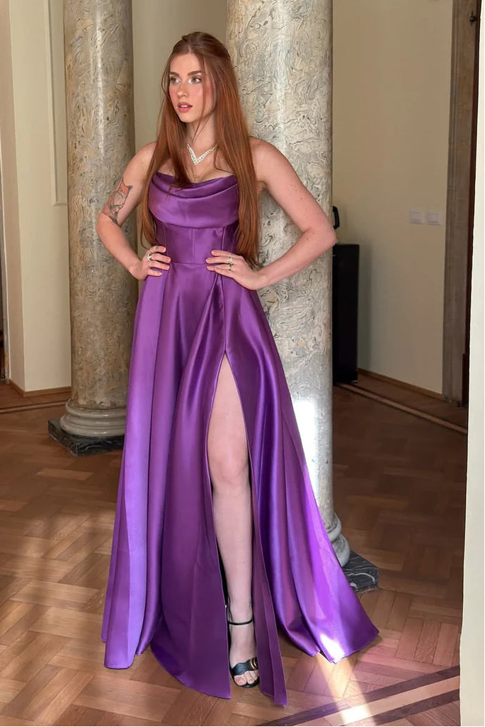 Simple Satin A-Line High Waist Strapless Party Prom Dress With Slit