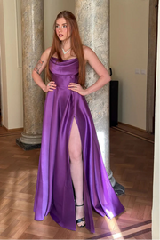 Simple Satin A-Line High Waist Strapless Party Prom Dress With Slit