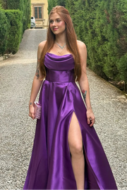 Simple Satin A-Line High Waist Strapless Party Prom Dress With Slit