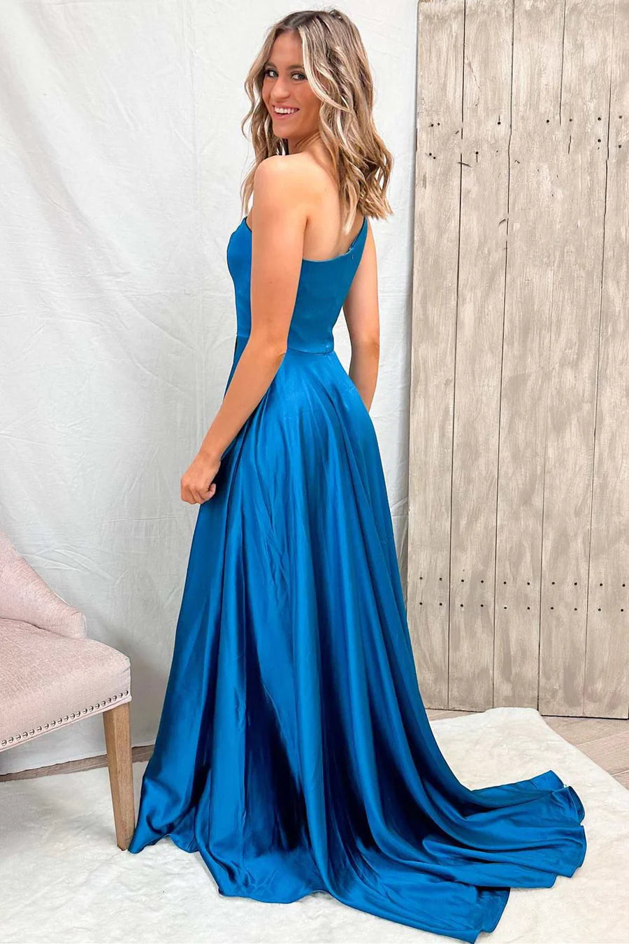 Simple Satin A-Line One Shoulder With Side Slit Prom Dress