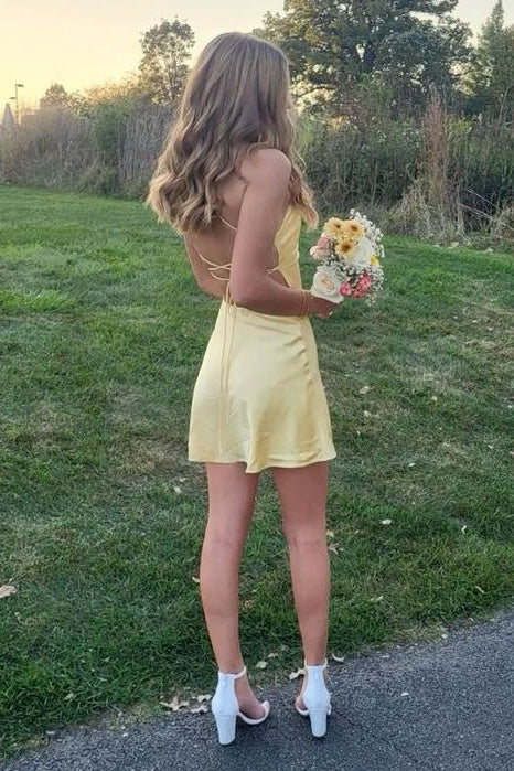 Simple Satin A-Line Sleeveless Lace-Up Mini Party Homecoming Dress