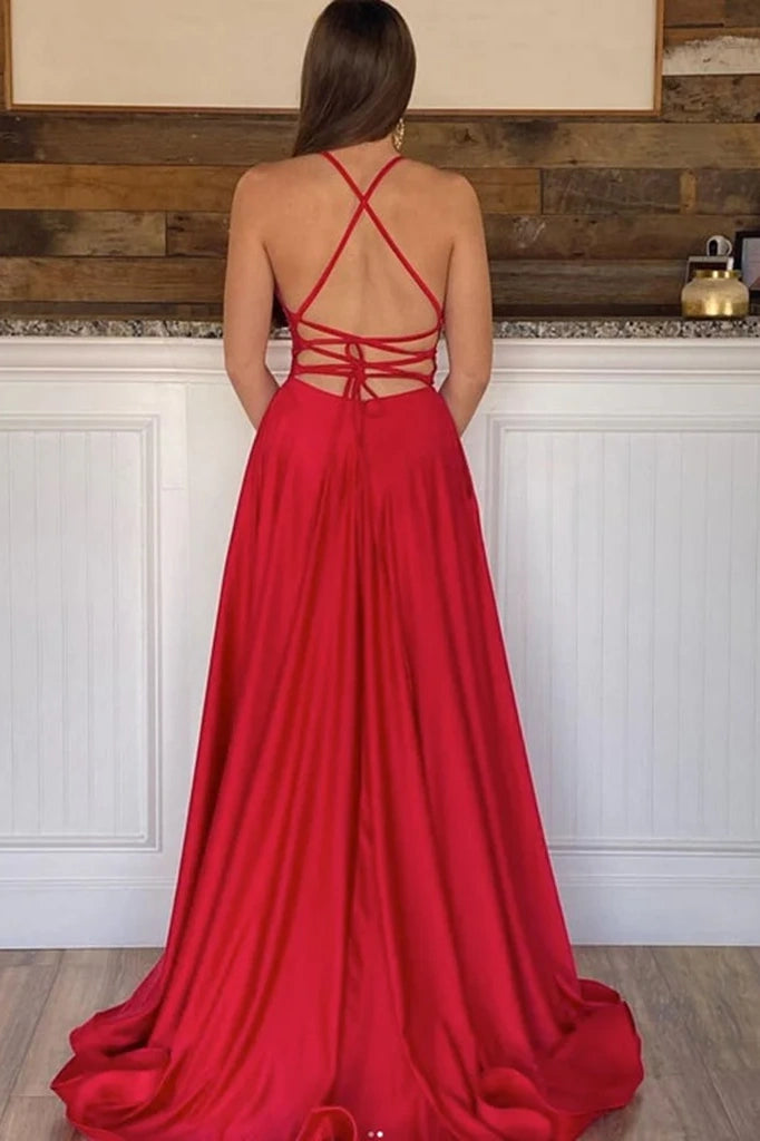 Simple Satin A-Line V-Neck Lace Up Empire Party Prom Dress With Slit