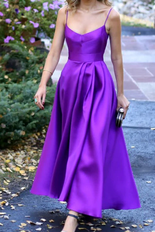 Simple Satin A-Line V-Neck Sleeveless Party Prom Dress With Leg Slit