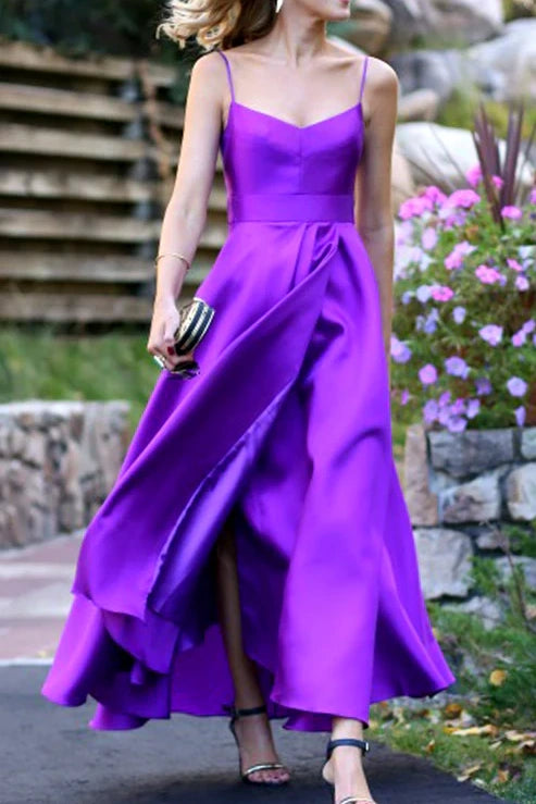 Simple Satin A-Line V-Neck Sleeveless Party Prom Dress With Leg Slit 