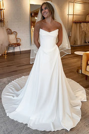Simple Satin A-Line V-Neck Strapless Empire Wedding Dress With Train