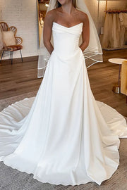 Simple Satin A-Line V-Neck Strapless Empire Wedding Dress With Train