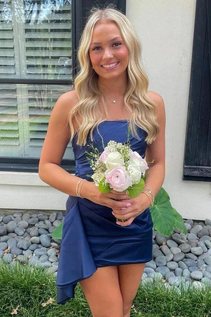 Simple Satin Bodycon Strapless Mini Homecoming Dress Dark Navy / US 16
