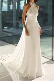 Simple Satin Cross Halter Backless Mermaid Wedding Dress With Train