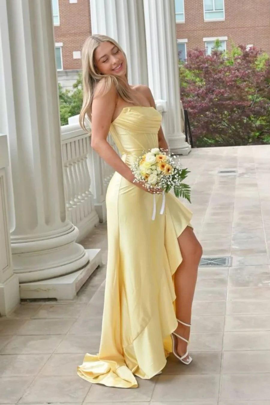 Simple Satin Empire Strapless Long Party Prom Dress With Ruffle Slit