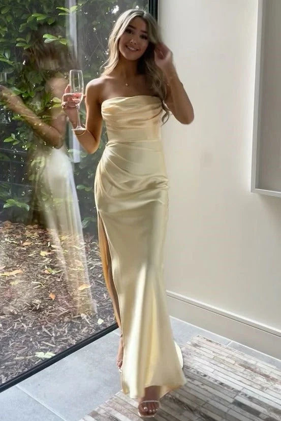 Simple Satin Fitted Strapless Empire Leg Slit Party Prom Dress