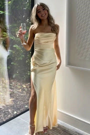 Simple Satin Fitted Strapless Empire Leg Slit Party Prom Dress