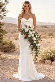 Simple Satin Mermaid Spaghetti Straps Open Back Summer Wedding Dress