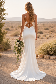 Simple Satin Mermaid Spaghetti Straps Open Back Summer Wedding Dress