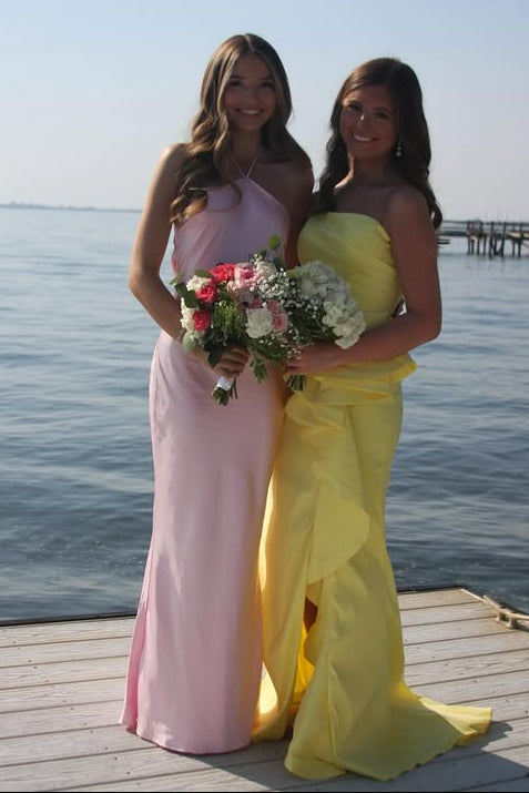 Simple Satin Sheath Halter Sleeveless Floor-Length Party Prom Dress