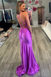 Simple Satin Trumpet V-Neck Lace Up Prom Dress