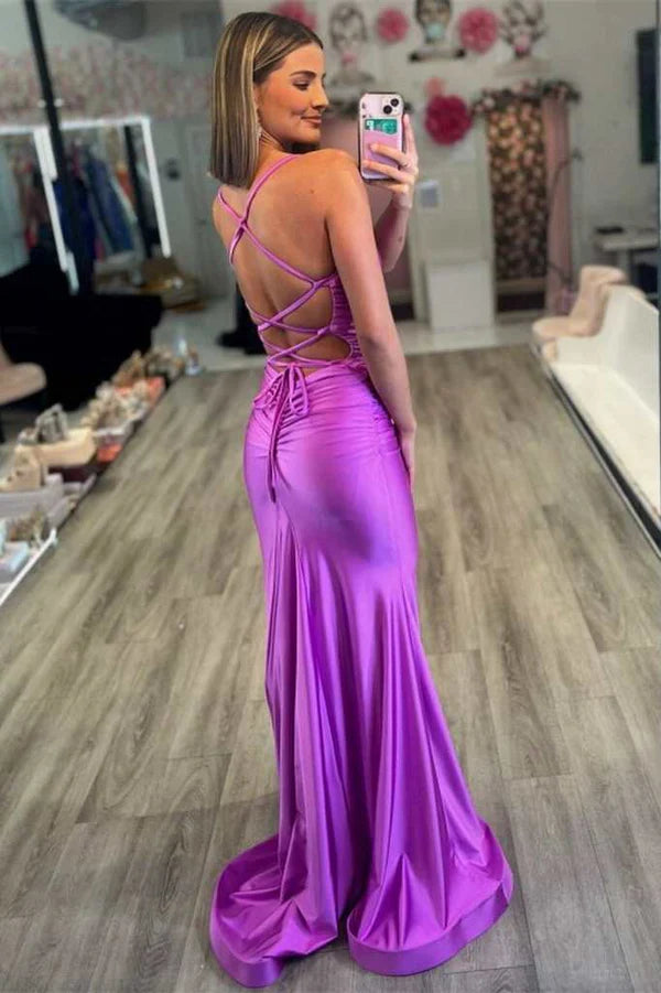 Simple Satin Trumpet V-Neck Lace Up Prom Dress