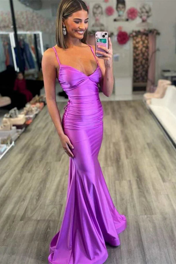 Simple Satin Trumpet V-Neck Lace Up Prom Dress