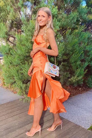 Simple Satin V-Neck Spaghetti Straps Party Prom Dress