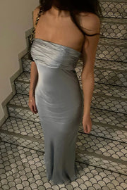 Fitted Satin Pleated Strapless Long Party Prom Dress