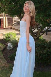 Simple Strapless A-Line Tulle Maxi Sheer Party Prom Dress