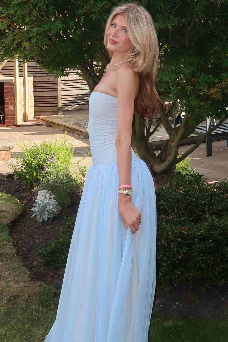 Simple Strapless A-Line Tulle Maxi Sheer Party Prom Dress