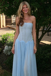 Simple Strapless A-Line Tulle Maxi Sheer Party Prom Dress